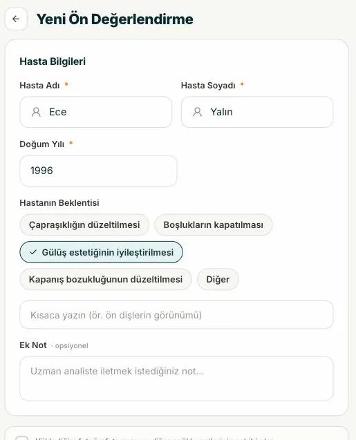 Portaldaki hasta bilgileri formu: ad, doğum yılı, beklenti.