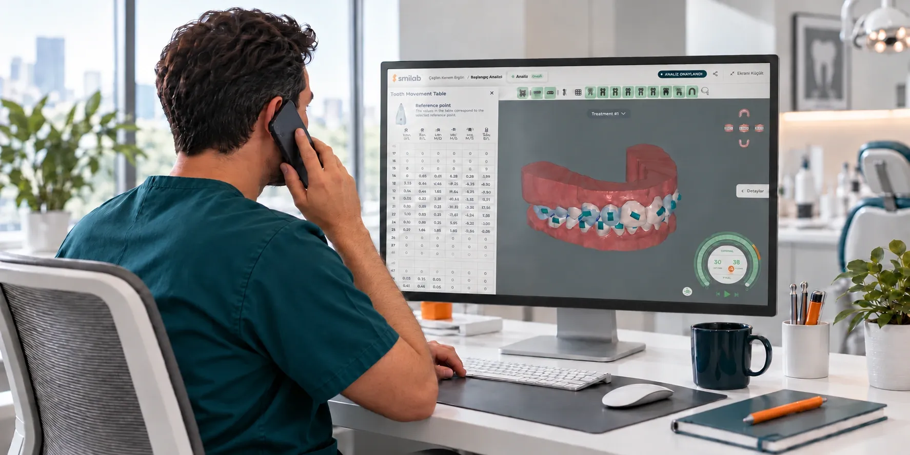 Smilab simülasyonunu tam ekranda incelerken telefonla klinik danışmanıyla konuşan diş doktorunu temsil eden sahne