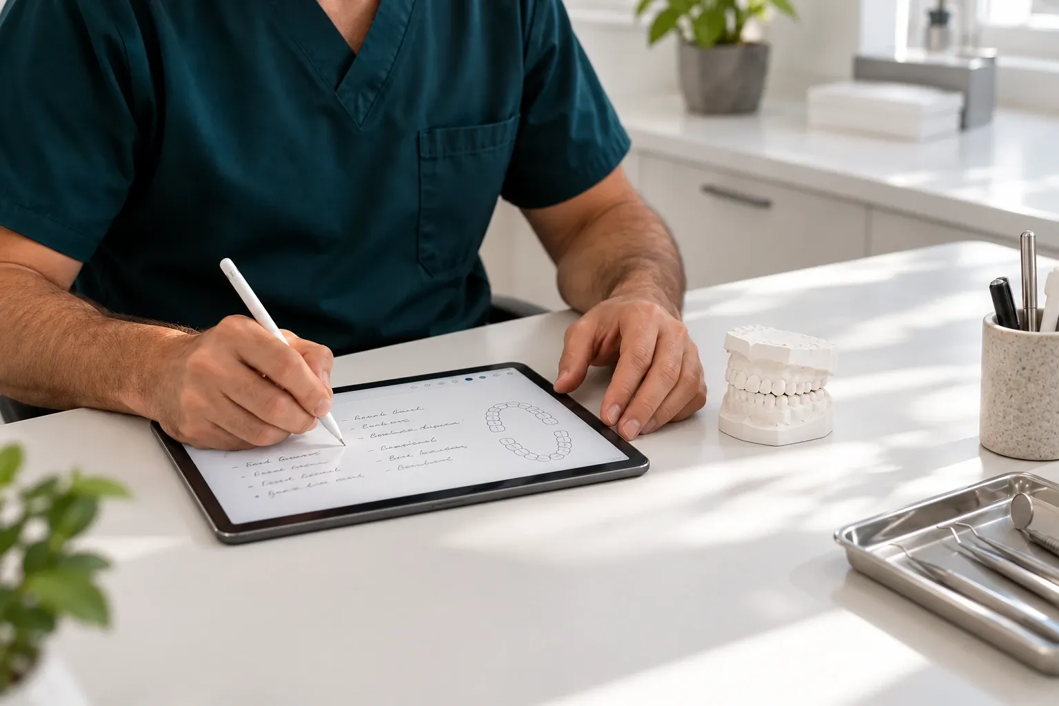 Tablet kalemiyle tablete vaka notlarını yazan diş doktorunu temsil eden görsel